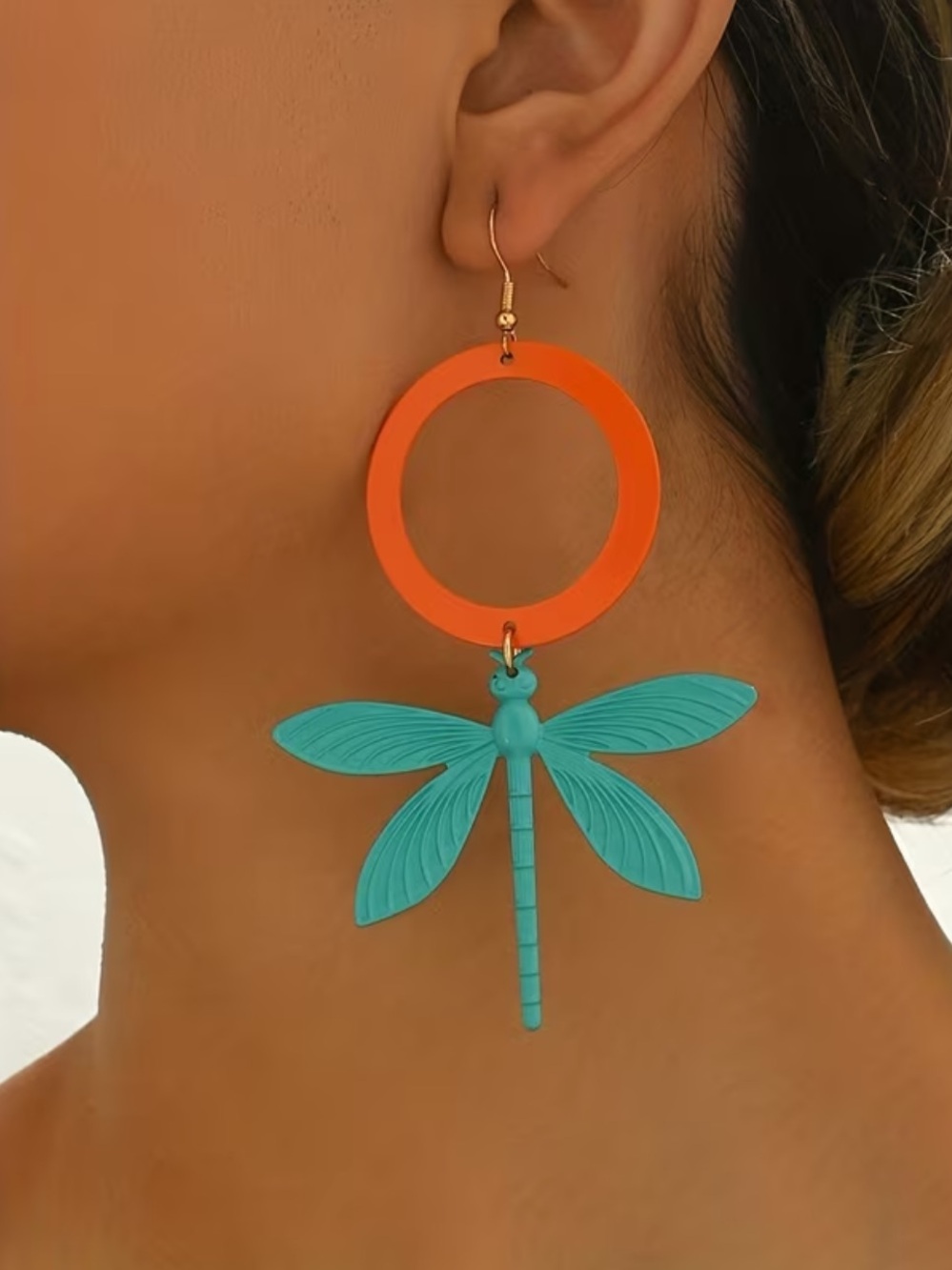 Turquoise Dragonfly Dangle Earrings with Orange Hoop